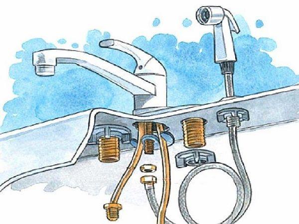 e`lementy` podcliucheniia smesitelia pri zamene Снимка - елементи за свързване на смесителя по време на подмяна