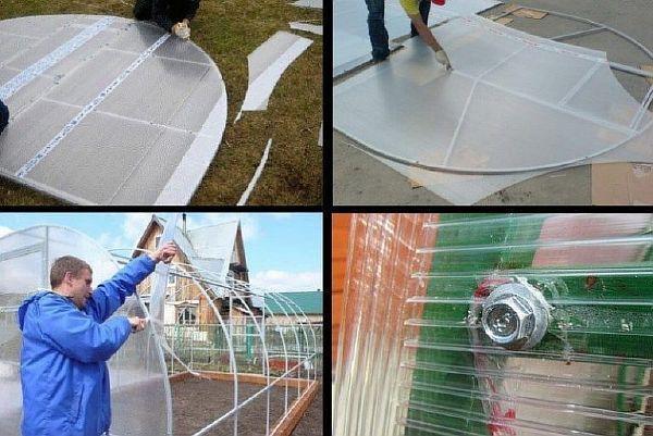 Монтаж на поликарбонат върху оранжерия, изработена от PVC тръби Снимка – монтаж на поликарбонат върху оранжерия, изработена от PVC тръби