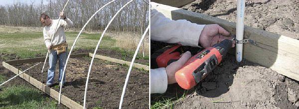 установка на каркаса от PVKH trub na pruty` Снимка – монтаж на рамка от PVC тръби върху пръти