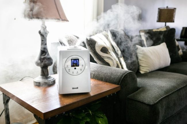 Снимка на овлажнител в хола близо до дивана