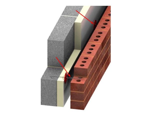 Снимка на гъвкав анкер, свързващ носеща стена с декоративна фасадна облицовка