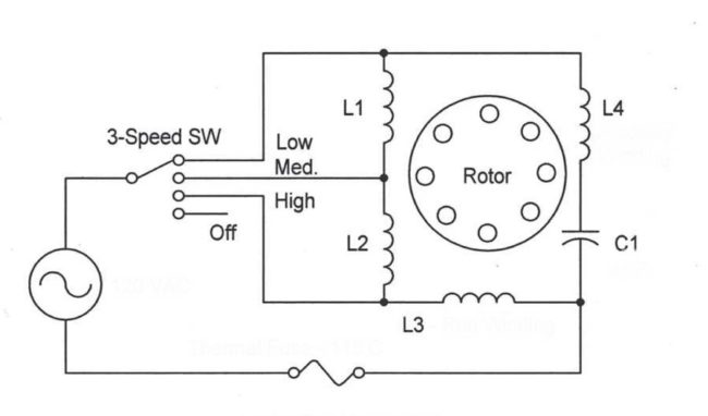 Снимка: Схема на свързване на тристепенен охладител към превключвател, където четвъртата позиция се използва за спиране на въртенето на ротора.