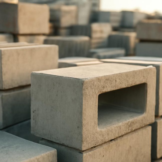 Асортимент от фундаментни блокове в склада на производителя
