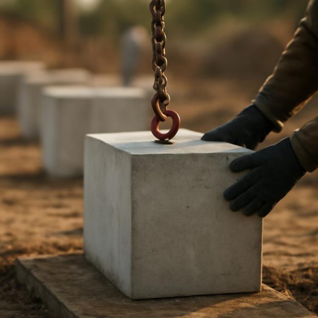 Процесът на монтаж на фундаментни блокове на строителна площадка