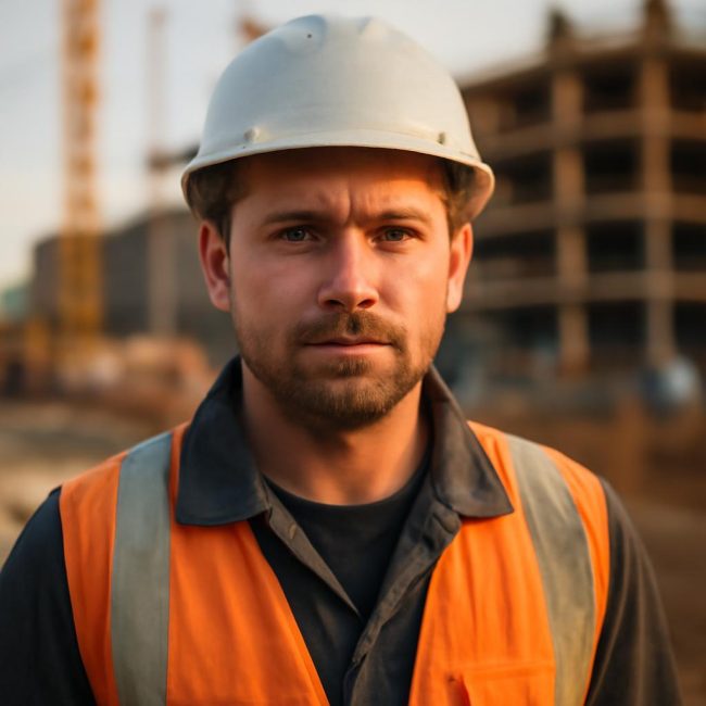 Виктор Соколов - Портрет на строителен инженер в работно облекло на фона на строителна площадка